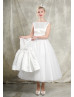 Ivory Satin Polka Dots Tulle V Back Tea Length Wedding Dress